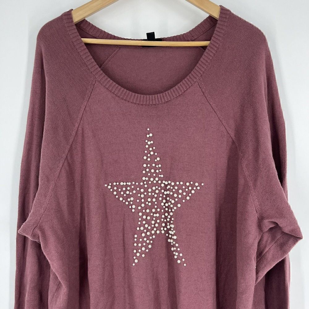 Torrid Sweater Size 3 Womens Mauve Embellished Faux Pearls Star Raglan Sleeve - Picture 2 of 7
